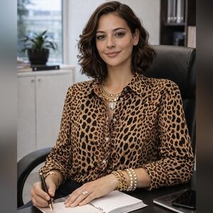 Tizzie Leopard Print Button-Down stretch Shirt business casual size‎ medium